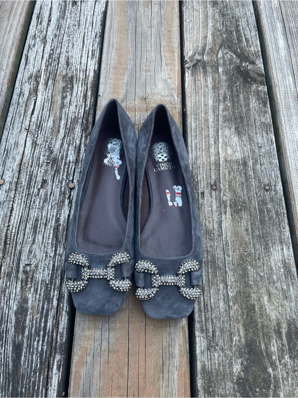 Vince Camuto Gray Suede Crystal-Link Ballet Flats